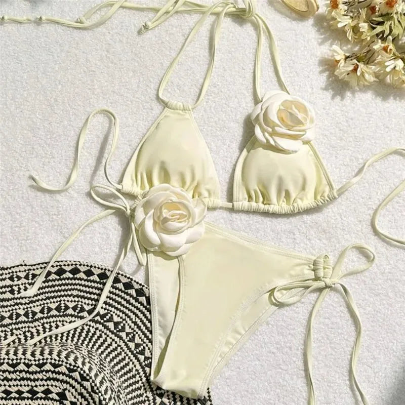 Women Two Piece Bikini Set 3D Floral Bandeau Swimwear Sexy Brazilian Bikini Lace Up Bathing Suit Separate Beachwear For Women