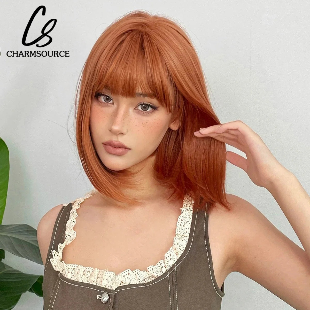 Copper Ginger Short Bob Straight Synthetic Wig with Bangs Heat Resistant Natural Looking Hair for Women Daily Use Cosplay Party