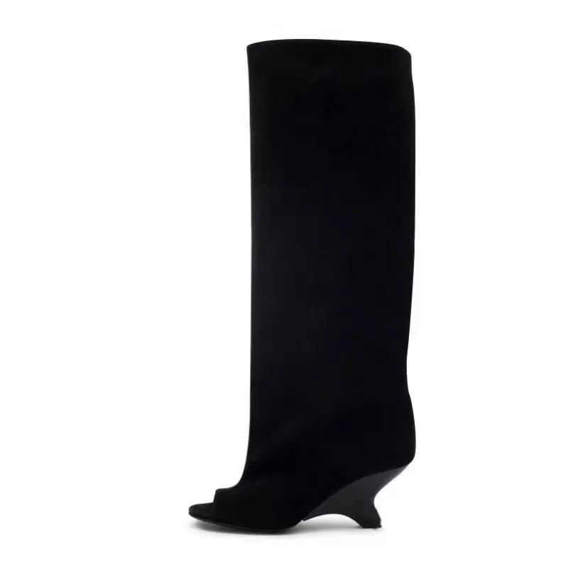 2025 European AndAmerican Nichedesign Versatileopen Toe Long Tube Cool Boots for Women, Crocodile Patterned Irregular High Heels