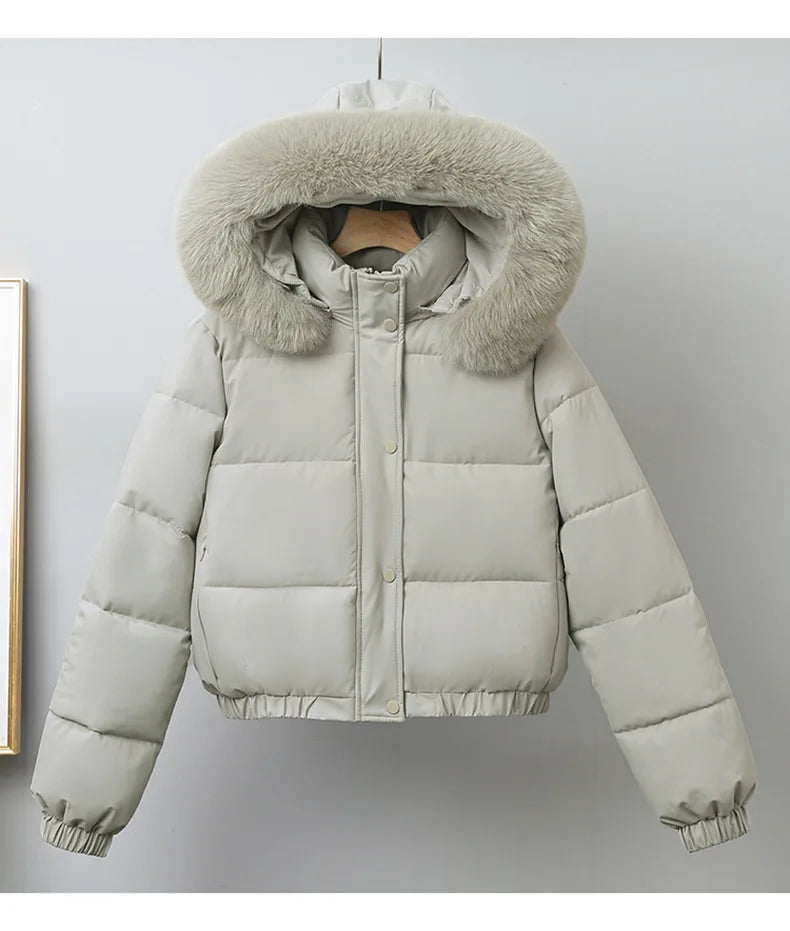 Short Coats Women Parkas Hooded Fur Collar Jackets Thick Warm Y2k Streetwear Elegant Jacket Work Coat Autumn Winter 2025