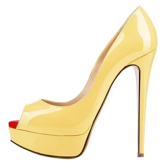 2026 New Women Pumps Sexy Platform Peep Toe 14cm Extremely High Heels Stiletto Patent Leather Party Nighclub Red Wedding Shoes