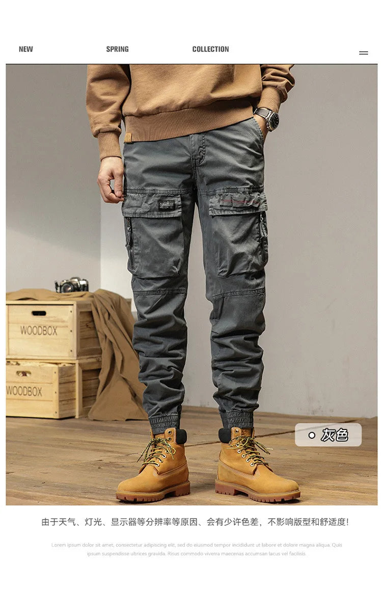 The new men's American retro sporty design in 2025 features multi-pocket, versatile drawstring work pants and stretch trousers