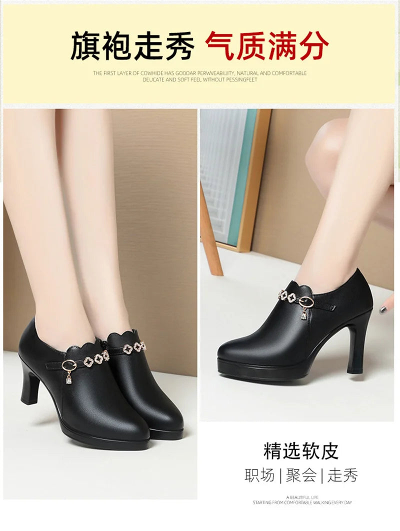 Temperament Fashionable And Versatile Deep Mouth Spring And Autumn Comfortable High Heels Soft Sole Soft Side Single Shoes
