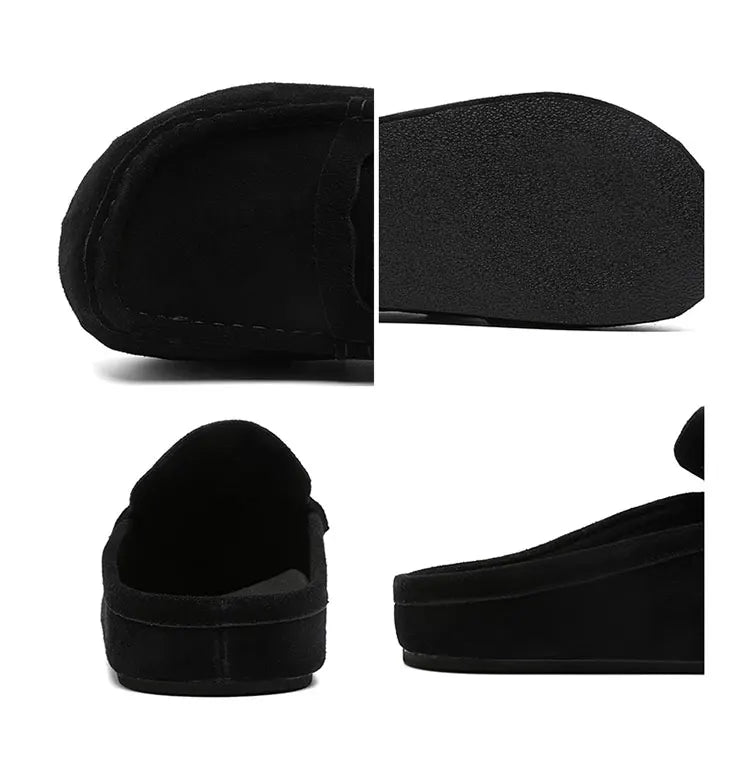 Suede Leather Open Back Casual Shoes Mules Men Backless Loafers Slippers Half Shoes Slip On Flats Vintage Man Slides Sandals