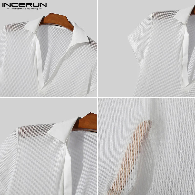 Fashion Well Fitting Tops INCERUN Men's Striped Perspective V-neck T-shirts Casual Streetwear Short Sleeved Camiseta S-5XL 2024