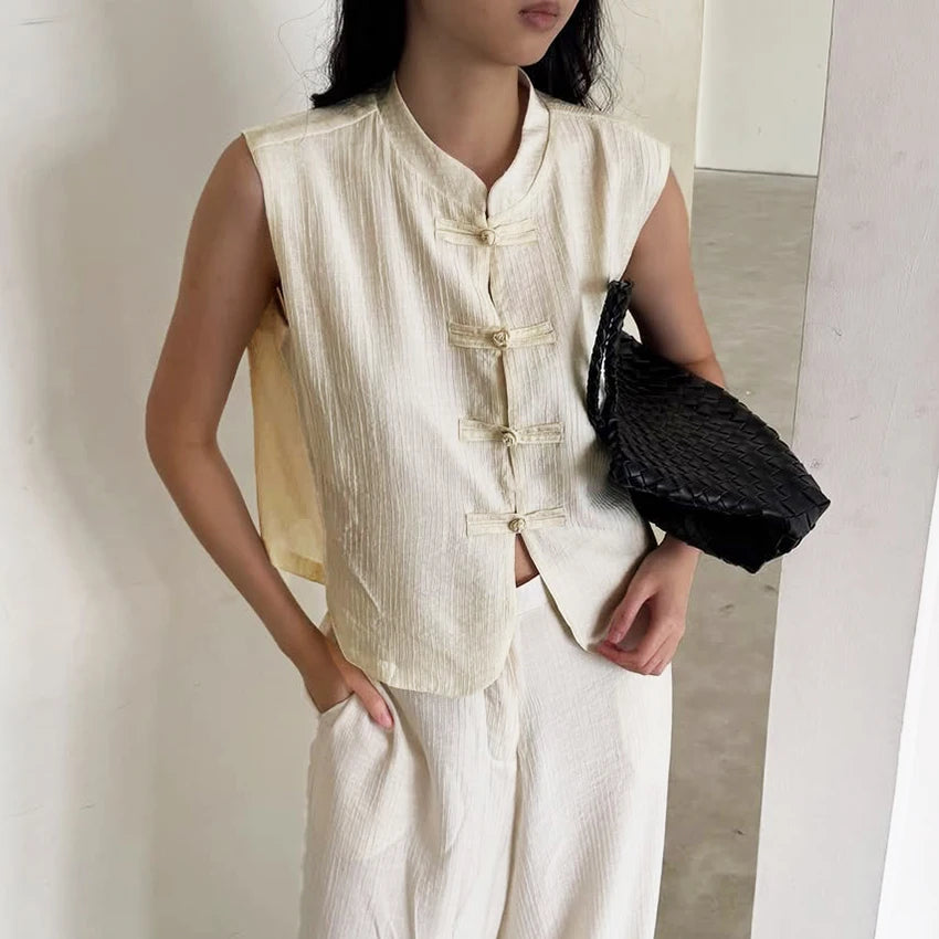 Linad Vintage Chinese Knot Stand Collar Vest Female Street  Apricot Stand Collar Tank Tops Summer Casual Sleeveless Tops 2026