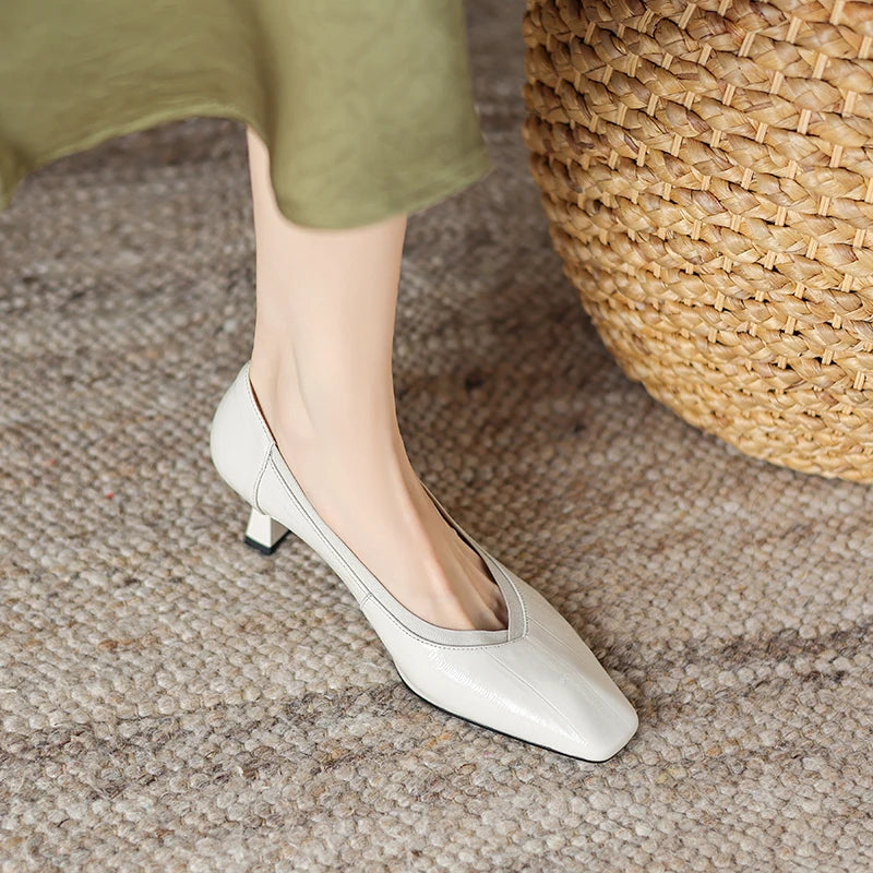 【JOCHEBED HU】Brand Genuine Leather Square Toe Women Pumps Slip Mid Heels Solid Color Dress Party Spring Autumn Shoes Handmade