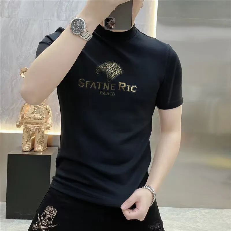 Luxury Rhinestone Summer Men's T-shirt Slim Fit Short Sleeve Casual T-shirt Male Round Neck Business Social Tee Top Men Clothing
