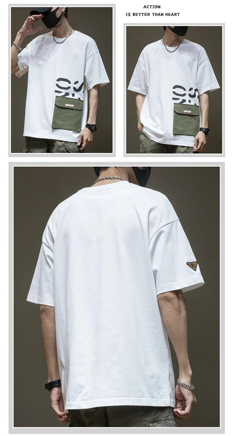 Summer Men's Short Sleeve Letter Printed T-shirt With Cargo Pocket Casual Cotton O-Neck Tops Y2K Streetwear Oversized Tee Shirts