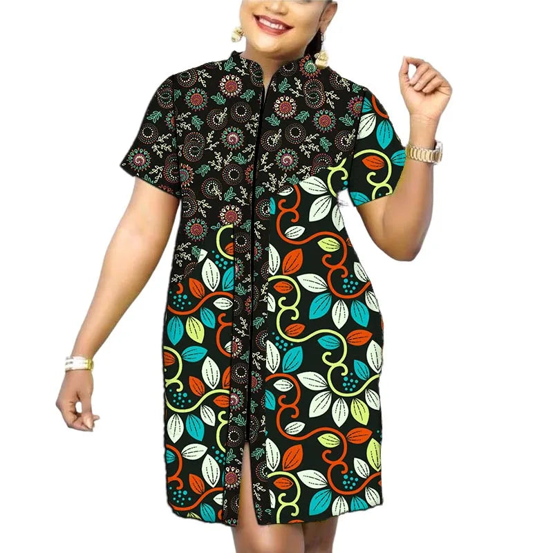 Original Design African Print Women’s Dress Stand Collar Frock Tailored Traditional Party Wear Retro Patchwork Designs