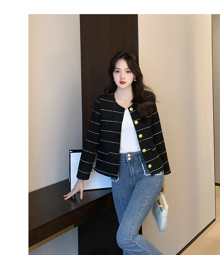 Korean Fashion Casual Small Fragrance Tweed Jacket Coat Women Fall Winter Fried Street Striped Coat Casaco Woolen Outwear Top