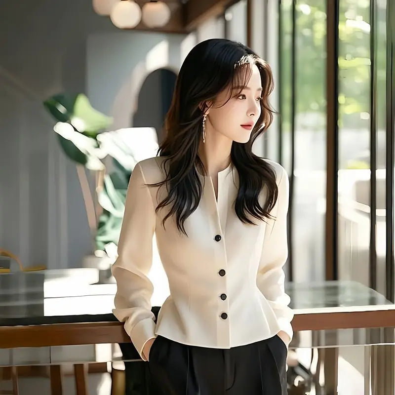 White Temperament Short Shirt Tops Long Sleeve Solid Button Elegant Blouse Spring Autumn New Elegant Fashion Women Clothing