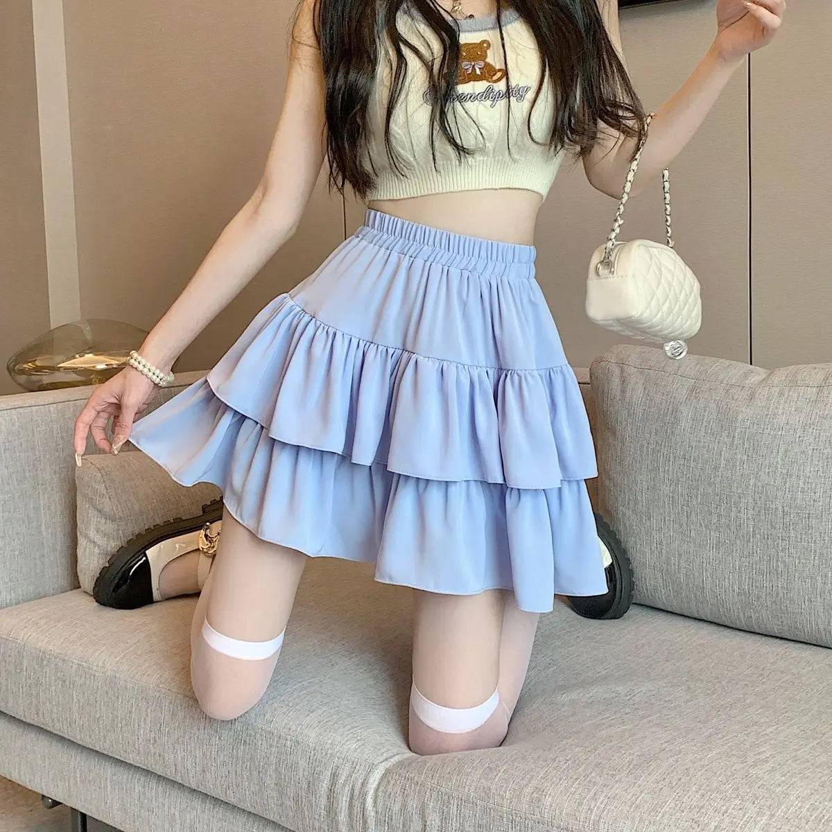 Ruffled Cake Skirts for Women High-waisted A-line Solid All-match Sweet Lovely Girls Korean Style Gentle Spring Kawaii Casual