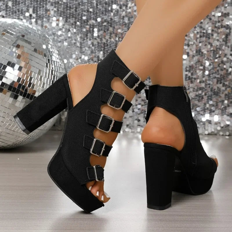 Women Summer New Platform Fashion Cutout Metal Buckle Non-slip Block Heel Roman High Heels Fish Mouth Sandals