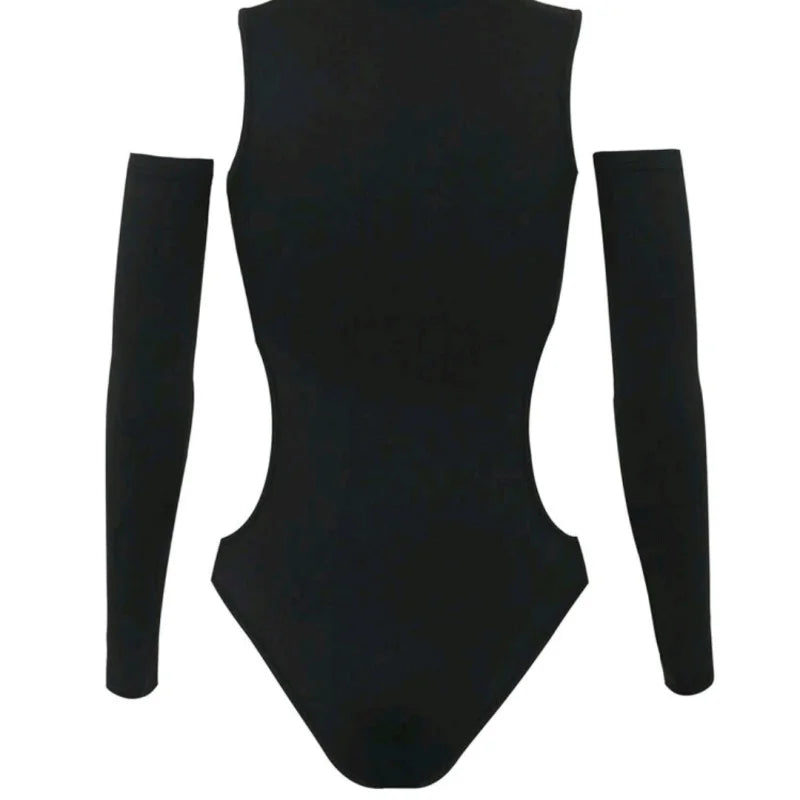 American-style ins sexy hot girl top, hollow-out design, tight-fitting T-shirt, solid color, high-neck long-sleeve bodysuit