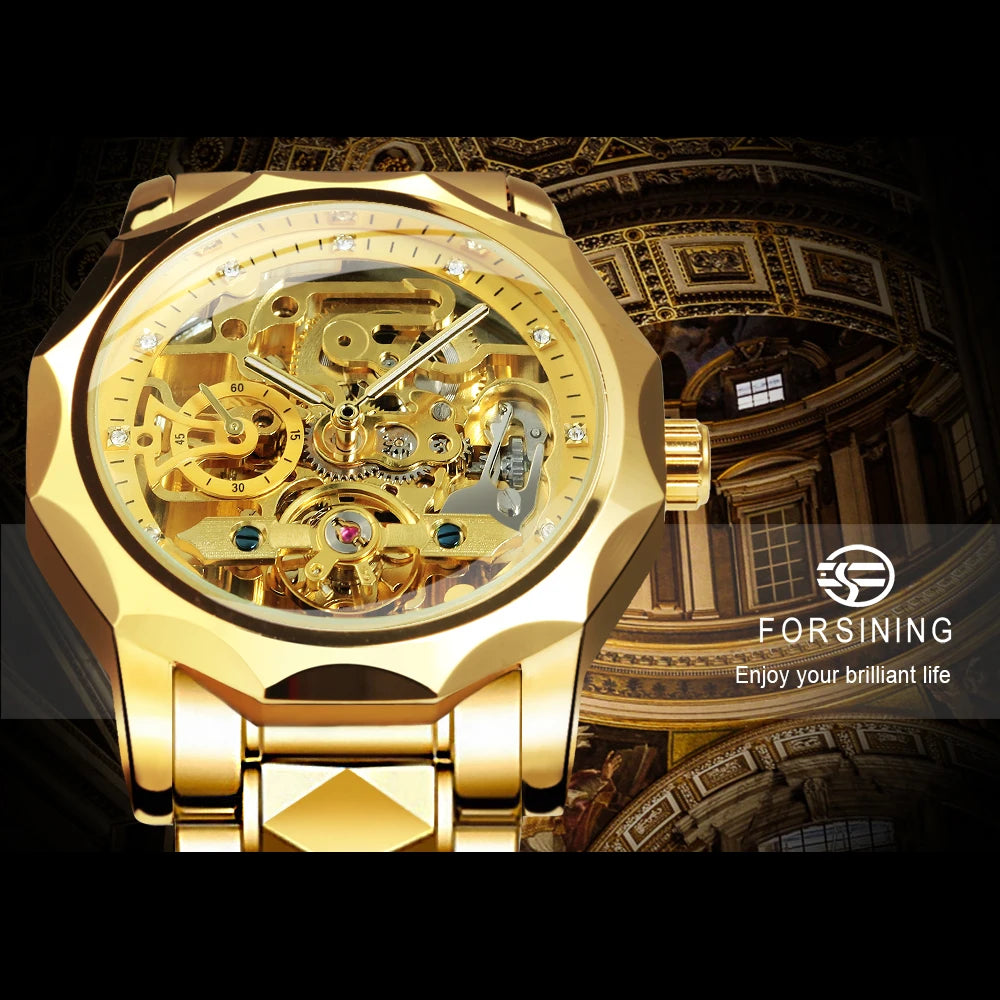 Forsining Fashion Tourbillon Skeleton Automatic Mechanical Watch for Men Luminous Hands Iced Out Watches Stainless Steel Strap