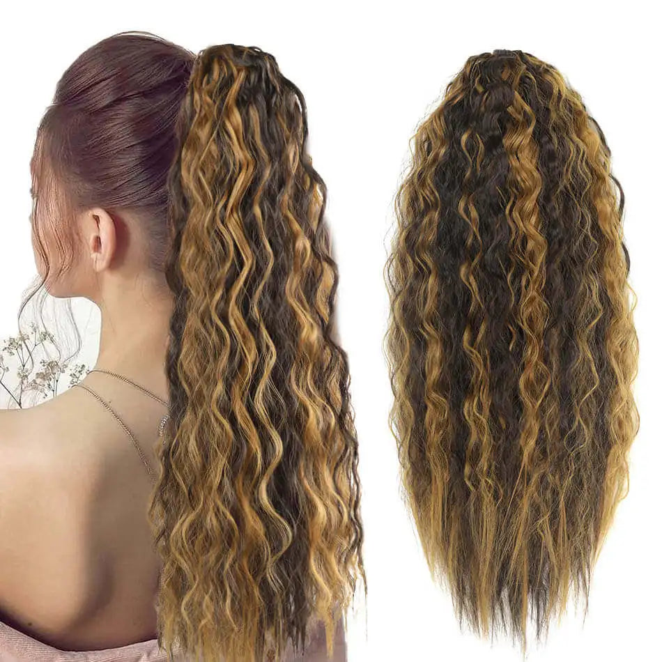 Alana Synthetic Long Natural Wave Drawstring Ponytail 22inch Clip in Hair Extensions Blonde Natural Hair Fake Weave Ponytails