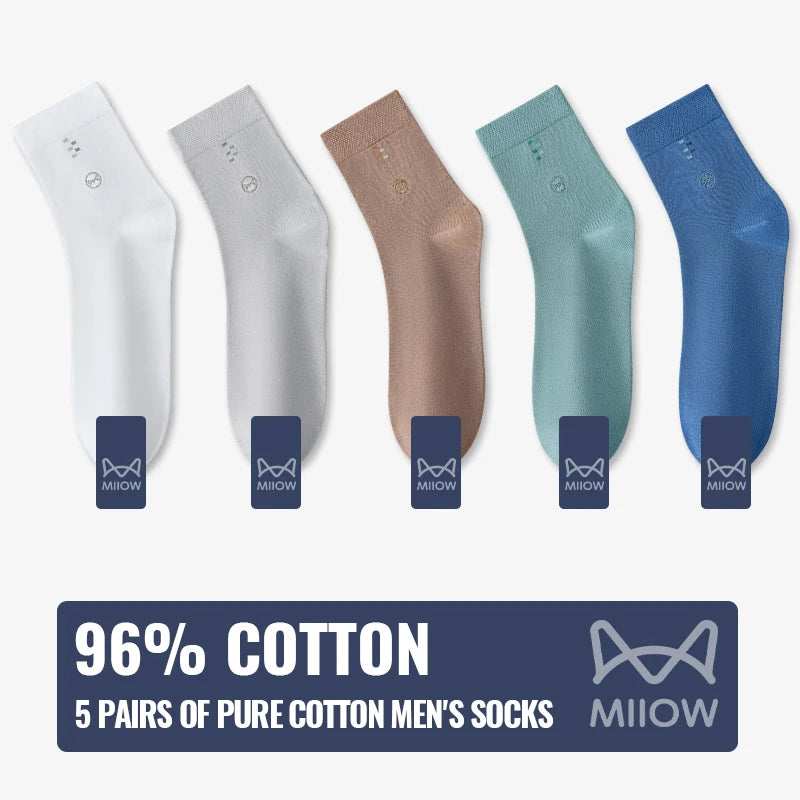 MiiOW 100% Pure Cotton Socks Men Business Dress Long Sock Black White Antibacterial Anti Odor Crew Socks Breathable Sport Sock