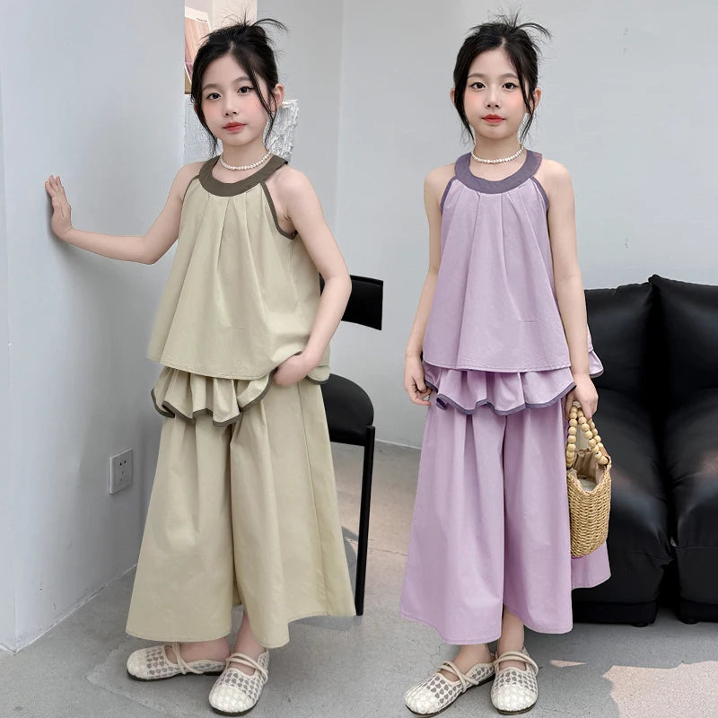Girls Summer Casual Loose Skirt Pants Set Two Piece Outfit Big Kids Fashion Children's Clothing Set Comfortable