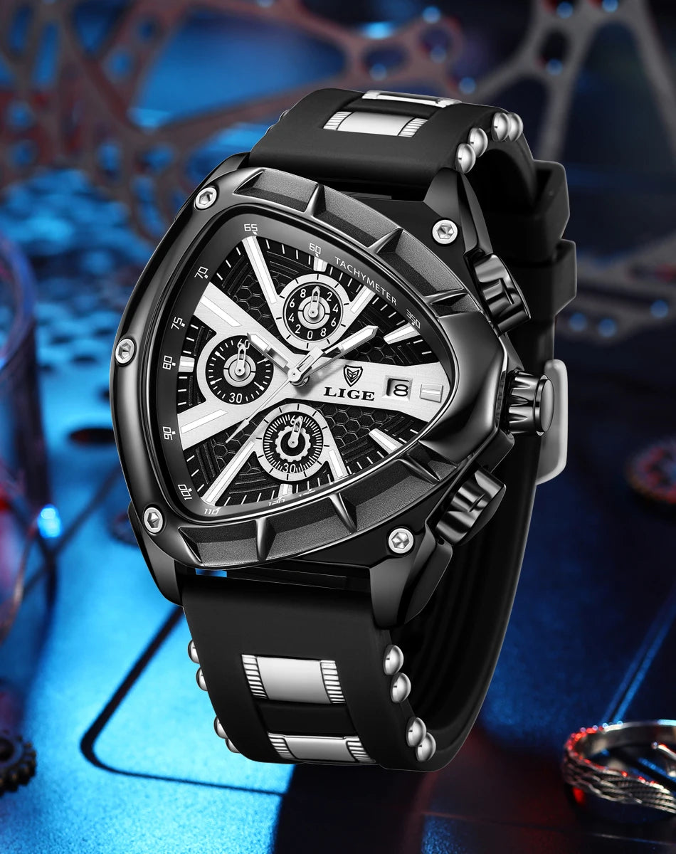 LIGE Sports Triangle Mens Watches Luminous Pointers Fashion Rubber Strap Military Irregular Quartz Wristwatch Waterproof  Watch