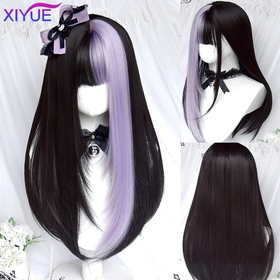 XIYUE Green Long Straight Synthetic Wigs for Women Natural Wave Wigs with Bangs Heat Resistant Cosplay Hair Halloween