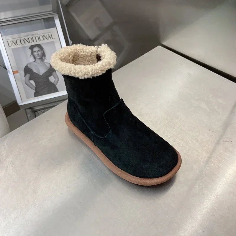 Careaymade-Genuine cow leather Snow cotton round head flats woolen short boots plush warm snow boots Oversized shoes size 35-43