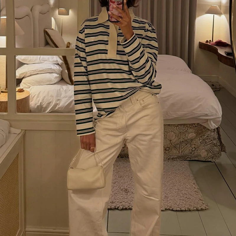 Combhasaki Women Y2K Vintage Retro Sweatshirts Long Sleeve Lapel Button V-Neck Pullover Top Loose Striped Rugby Polo Tee Shirts BAZAARHUBO