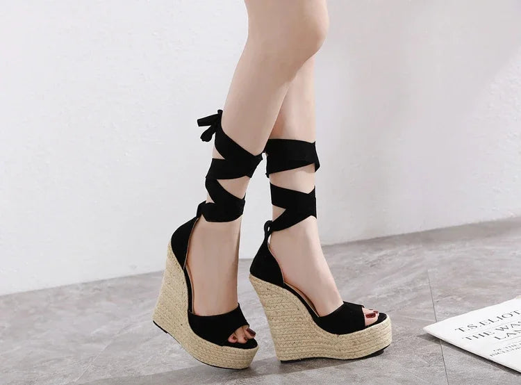 EilyKen Summer Butterfly-Knot Open Toe Women Sandals Fashion Solid Platform High Heel Wedge Shoes Ankle Lace-up Pumps