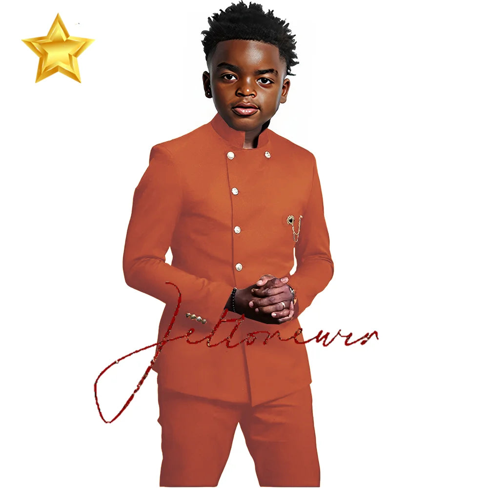 Elegant African Style Boy's Suit Stand Collar Blazer and Pants 2 Piece Casual Business Kids Wear