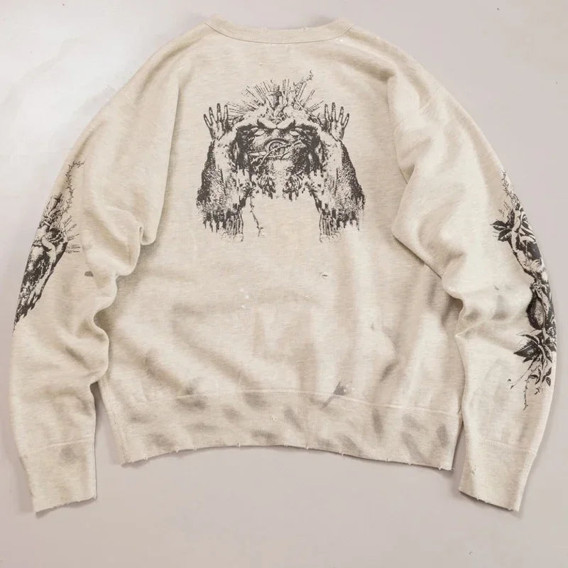 Real Photo Portrait Graffiti Print Saint Hoodie Wash Do Old Destroy Loose Pullover Casual Women Men Sweatshirt
