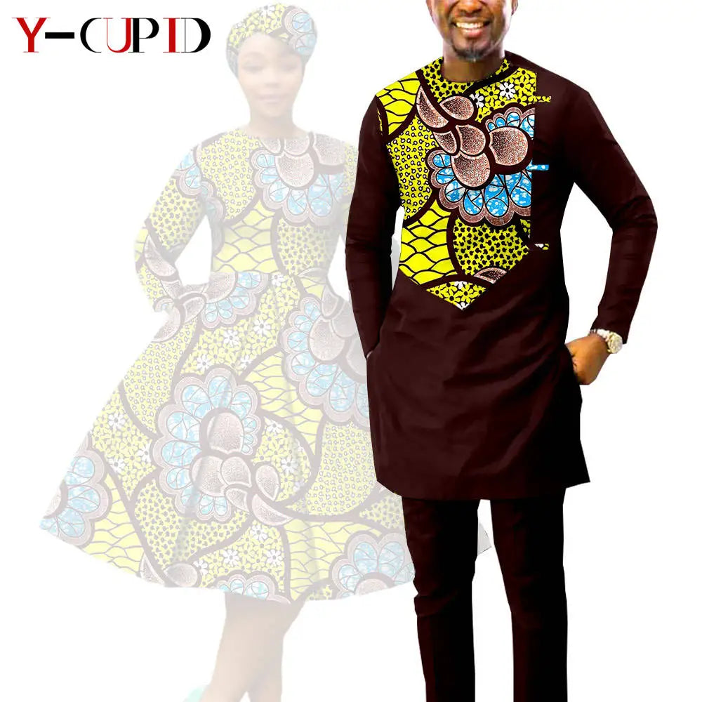 African Print Dresses for Women with Headwrap Matching Couple Outfits Dashiki Men Long Sleeve Pathwork Top and Pant Sets Y23C004