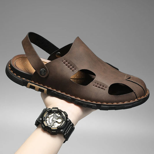 New Men's Leather Sandals Summer Slippers Beach Sandals Hollow Fashion Comfortable Outdoor Leisure Sports Sandals Large Shoes