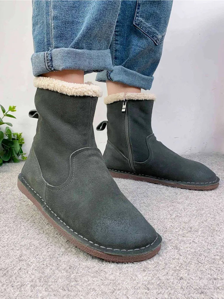 Careaymade-Genuine cow leather Snow cotton round head flats woolen short boots plush warm snow boots Oversized shoes size 35-43