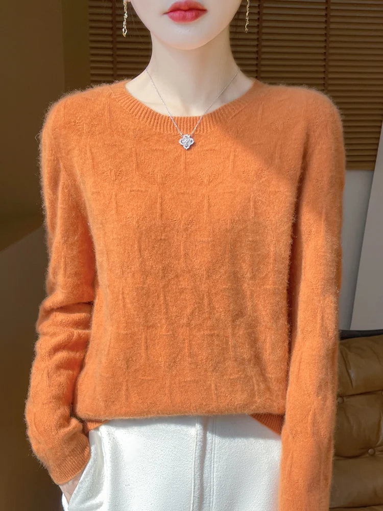 Women 100% Merino Wool Sweater Casual Hollow out Cashmere Blouse O-neck Pullover Tops Autumn Winter Warm Knit Woman Wool Sweater