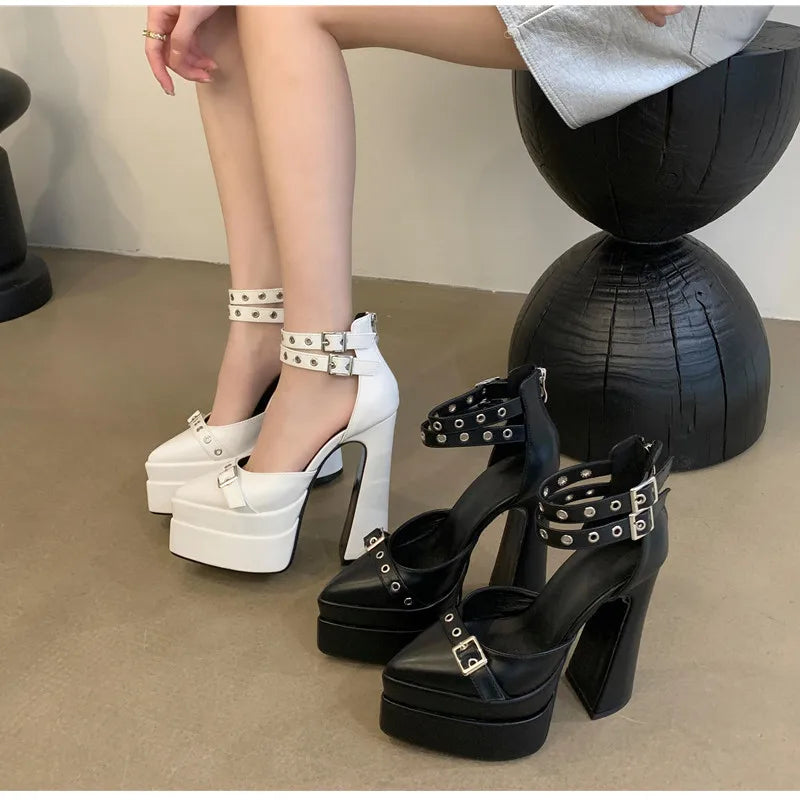 Runway style 15cm Ultra High heels Platform Wedges Women Pumps Fashion Rivet Ankle Strap Thick Heeled Spring Summer Chunky Shoes