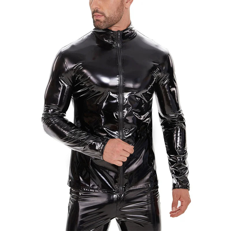 Men High-gloss Patent Leather Shirt Autumn Winter Zipper Cardigan Blouse Male Stretch Windproof Outerwear Moto Biker Uniform 7XL