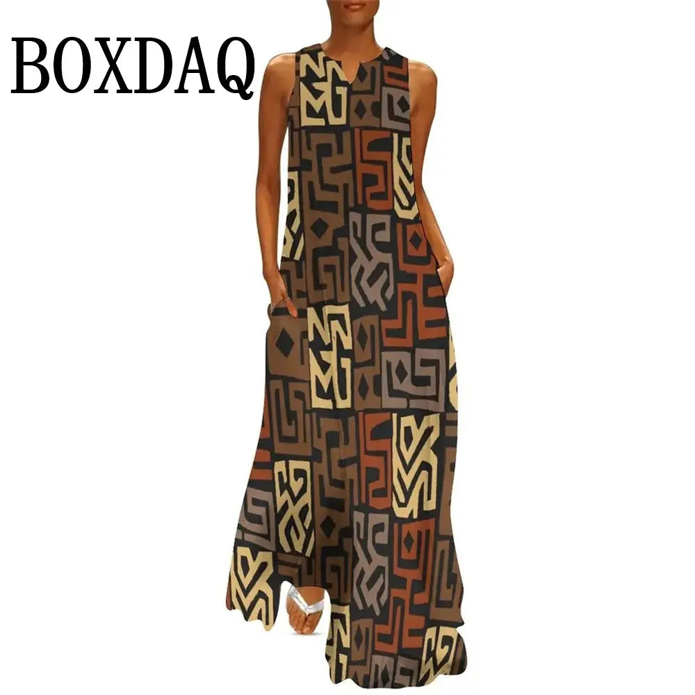 African Ethnic 3D Print Dress Summer Women Street Style Casual Sleeveless Long Dresses Women Loose Sundress Vintage Maxi Dresses