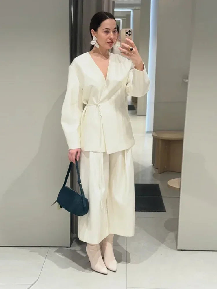 Women Elegant Solid Lace-up Blazer Set Lady Chic V-neck Full Sleeve Loose Coat Wide-leg Pants Suit 2026 Casual Commute Outfit