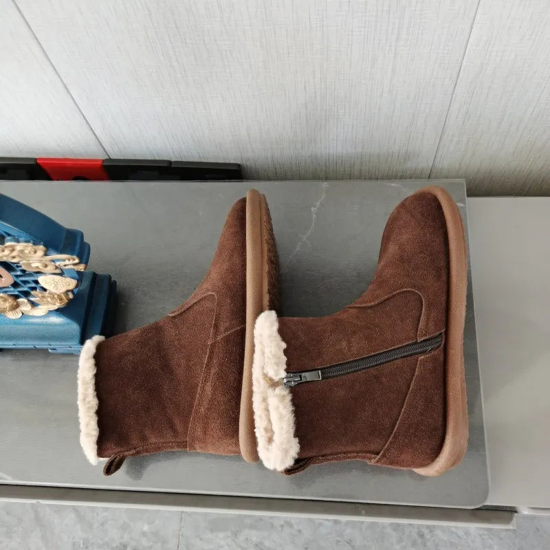 Careaymade-Genuine cow leather Snow cotton round head flats woolen short boots plush warm snow boots Oversized shoes size 35-43