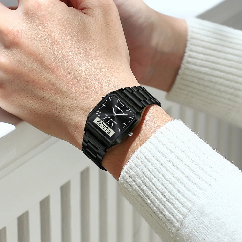 SANDA Men's and Women Watch Fashion Watches Business Style Alarm Clock Man Digital Wristwatch Square Dial Stainless Steel Strap