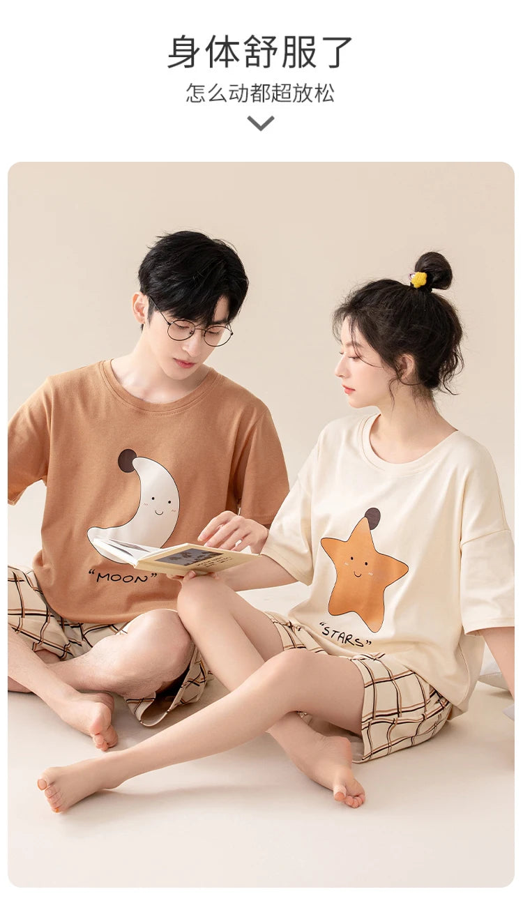 Couple Pajamas Set Summer Short-Sleeved Sleepwear 100% Cotton Men and Women Pyjamas