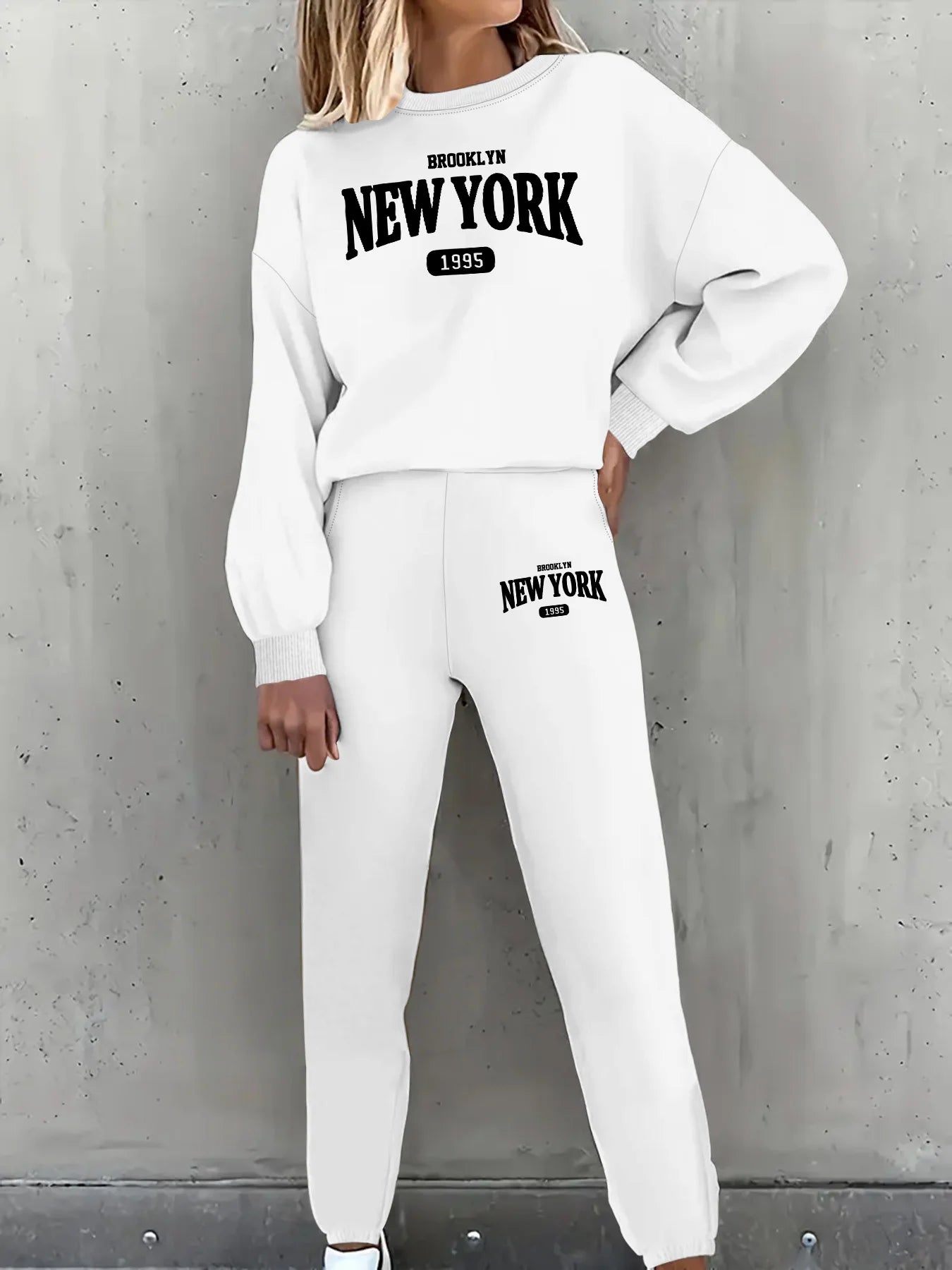 New York Print Two piece Set Casual Kangaroo Women's Casual Fashion Round Neck Sweatshirt, Solid Color Long Sleeves Sweatshirt,