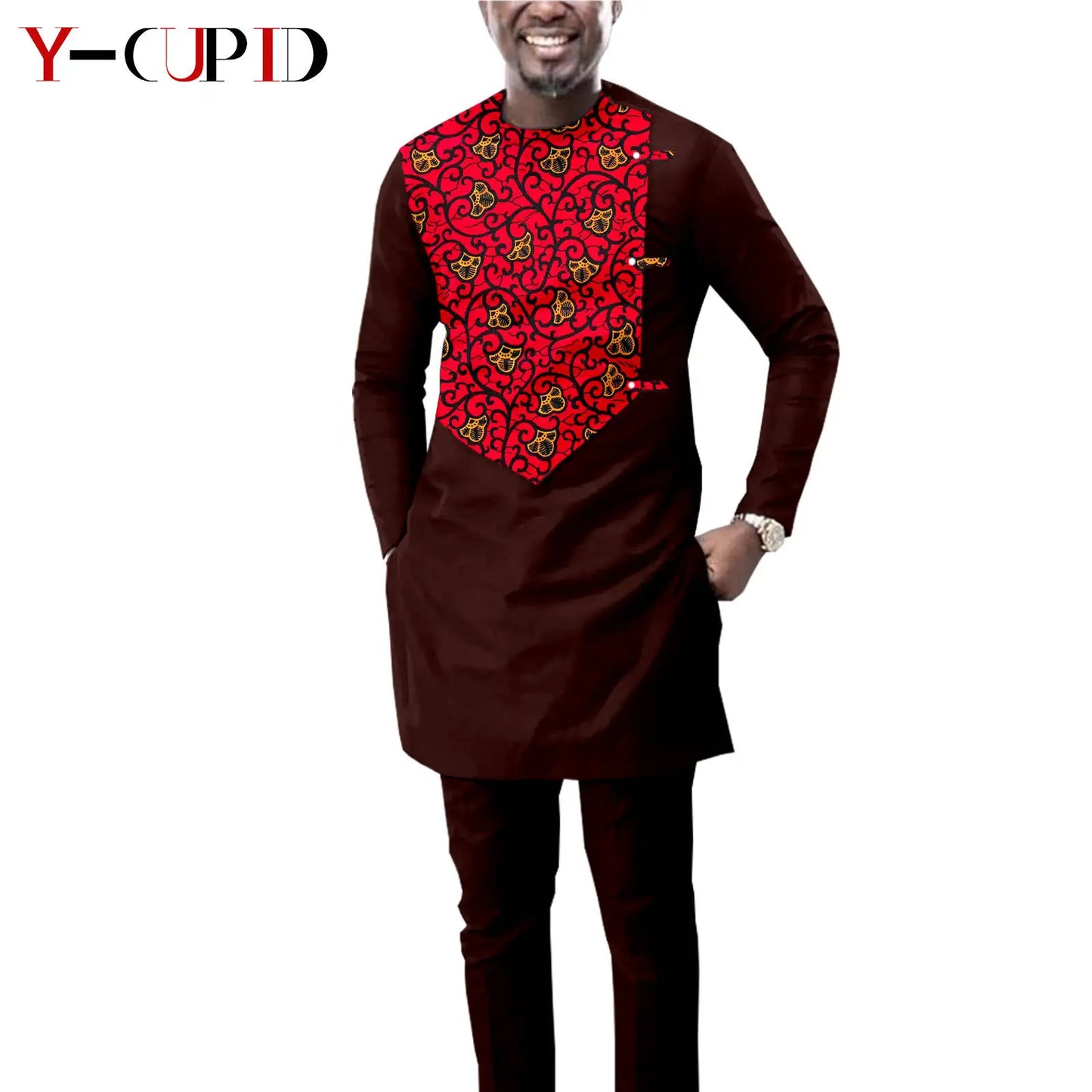 African Print Dresses for Women with Headwrap Matching Couple Outfits Dashiki Men Long Sleeve Pathwork Top and Pant Sets Y23C004