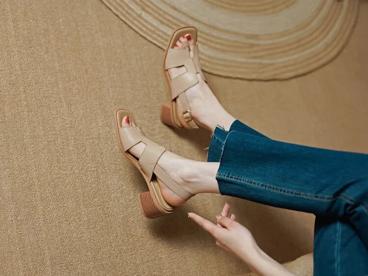 2025 Summer Women Shoes Square Toe Chunky Heel Women Sandals High Heels Ladies Shoes Casual Leather Shoes Women Genuine Leather