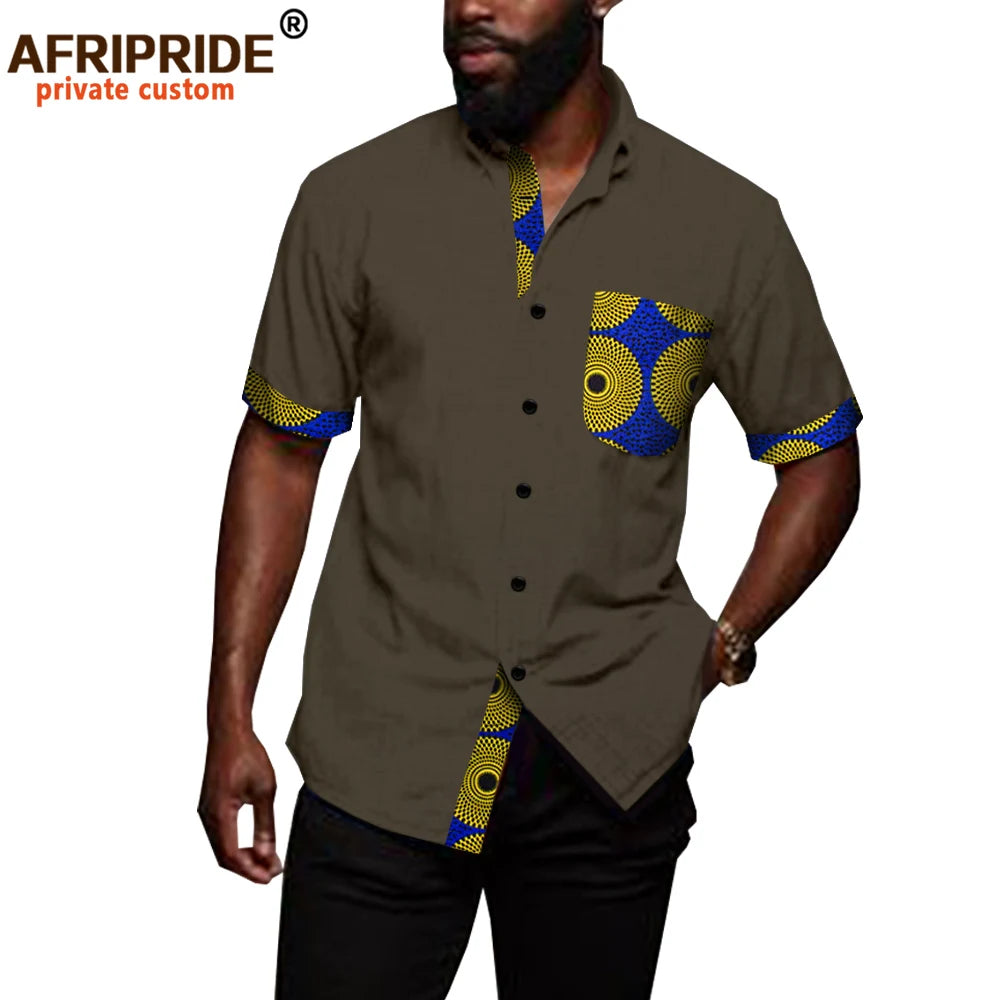 African Shirts for Men Denim Thin Shirt Short Sleeve Pockets Slim Slight Elastic Jeans Cowboy Shirt Clothing Crop Top A2012006