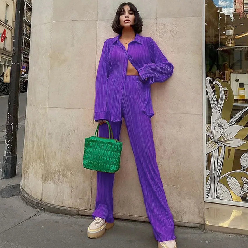 New Two Piece Set Women Outfits Pleated Women's Elegant  Drape Loose Sets Shirt High Waist Trousers Female Suit Fashion Casual