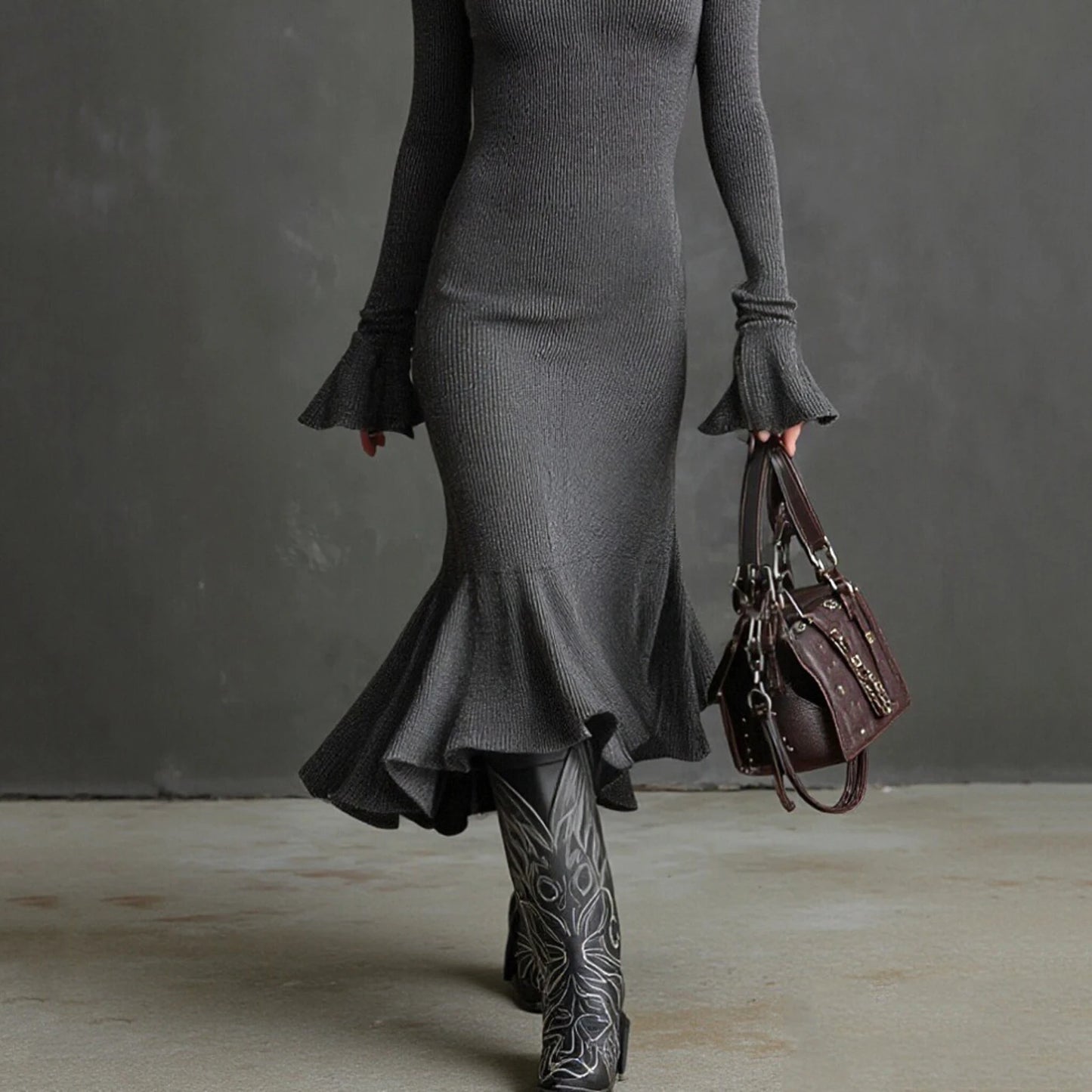 Fall Winter Sweater Dress Quarter Zip Bell Sleeve Mermaid Knit Bodycon Long Dress Trendy Chic Slim Fit Flared Hem Party Dress