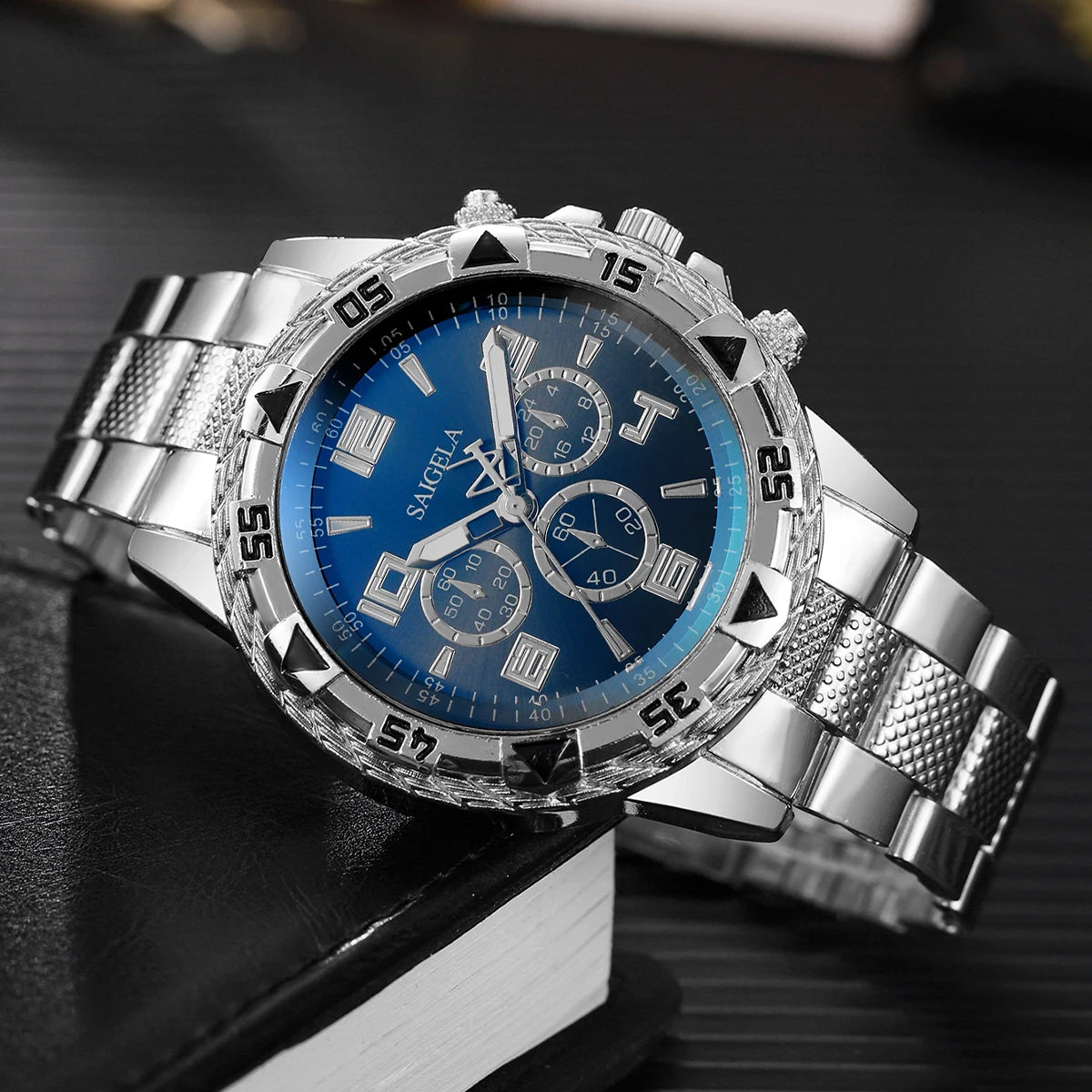 3PCS/Set Fashion Men's Quartz Watch Luxury Large Dial Men Business Watches Necklace Bracelet Set Reloj Hombre（Without Box）