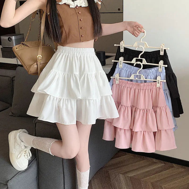 Ruffled Cake Skirts for Women High-waisted A-line Solid All-match Sweet Lovely Girls Korean Style Gentle Spring Kawaii Casual