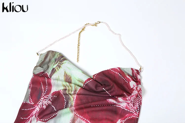 kliou Floral Print Women Dress Vacation Beach Style Suspendency Backless Halter Split Thin Vestidos Female Trend Attractive Wear